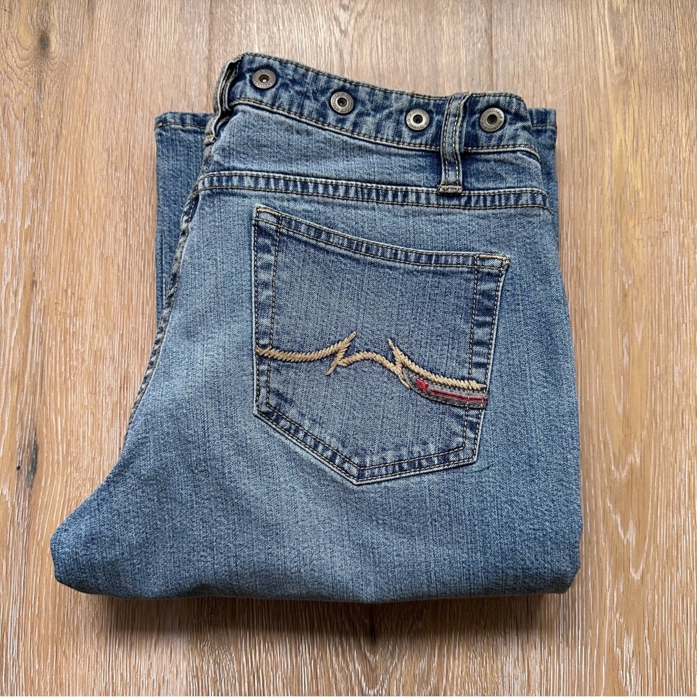 Vintage 90s Y2K Parasuco Jeans Light Blue Flare Asymmetrical Waistband - Size 32 - Picture 8 of 10